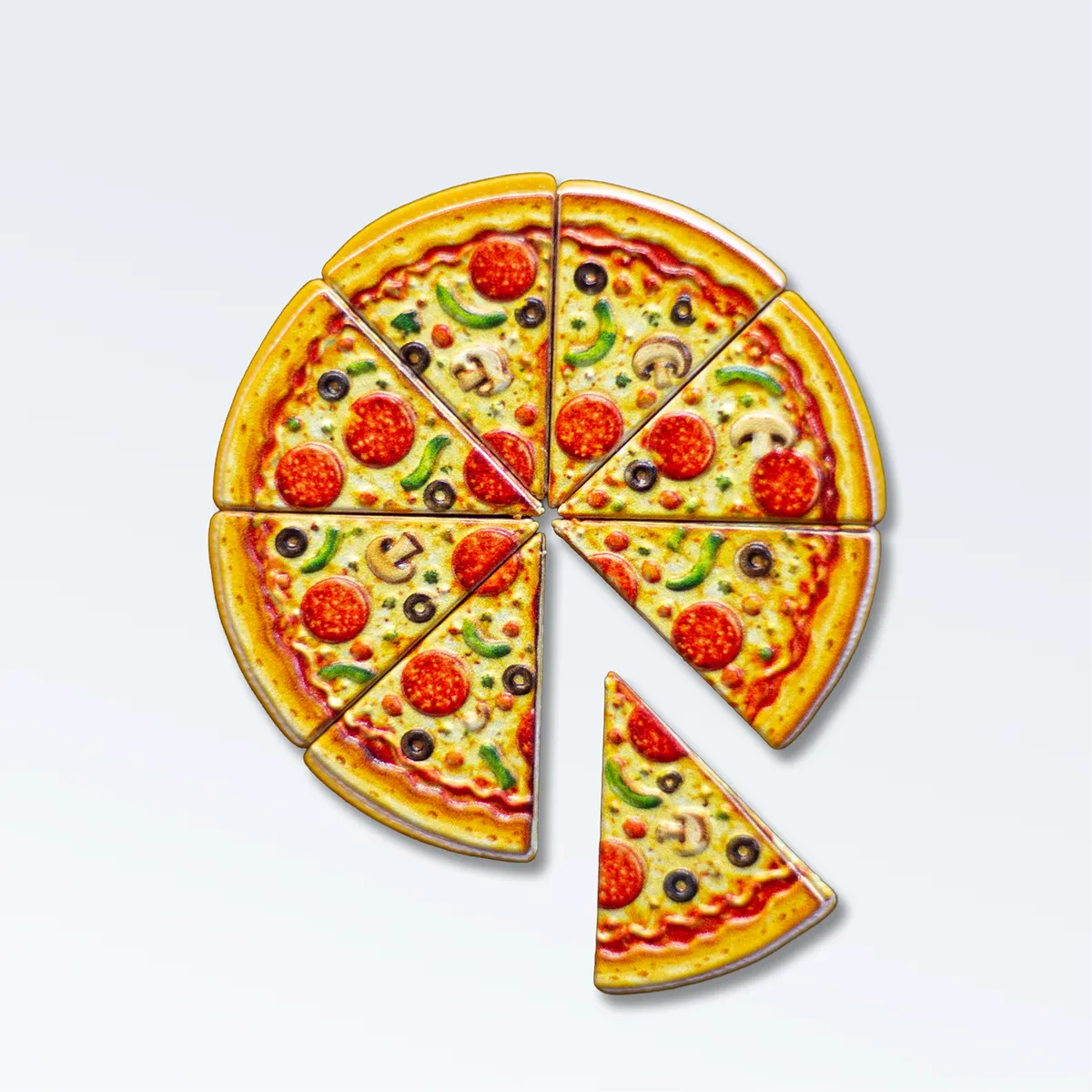 Osiem magnesów w kształcie kawałków pizzy ułożonych w całą pizzę