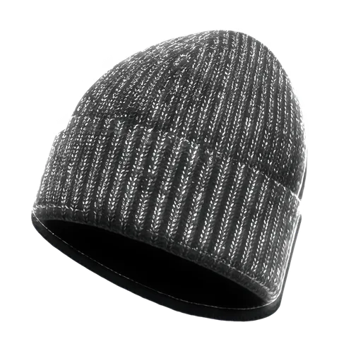 Hat with reflective yarn knitted throughout the fabric